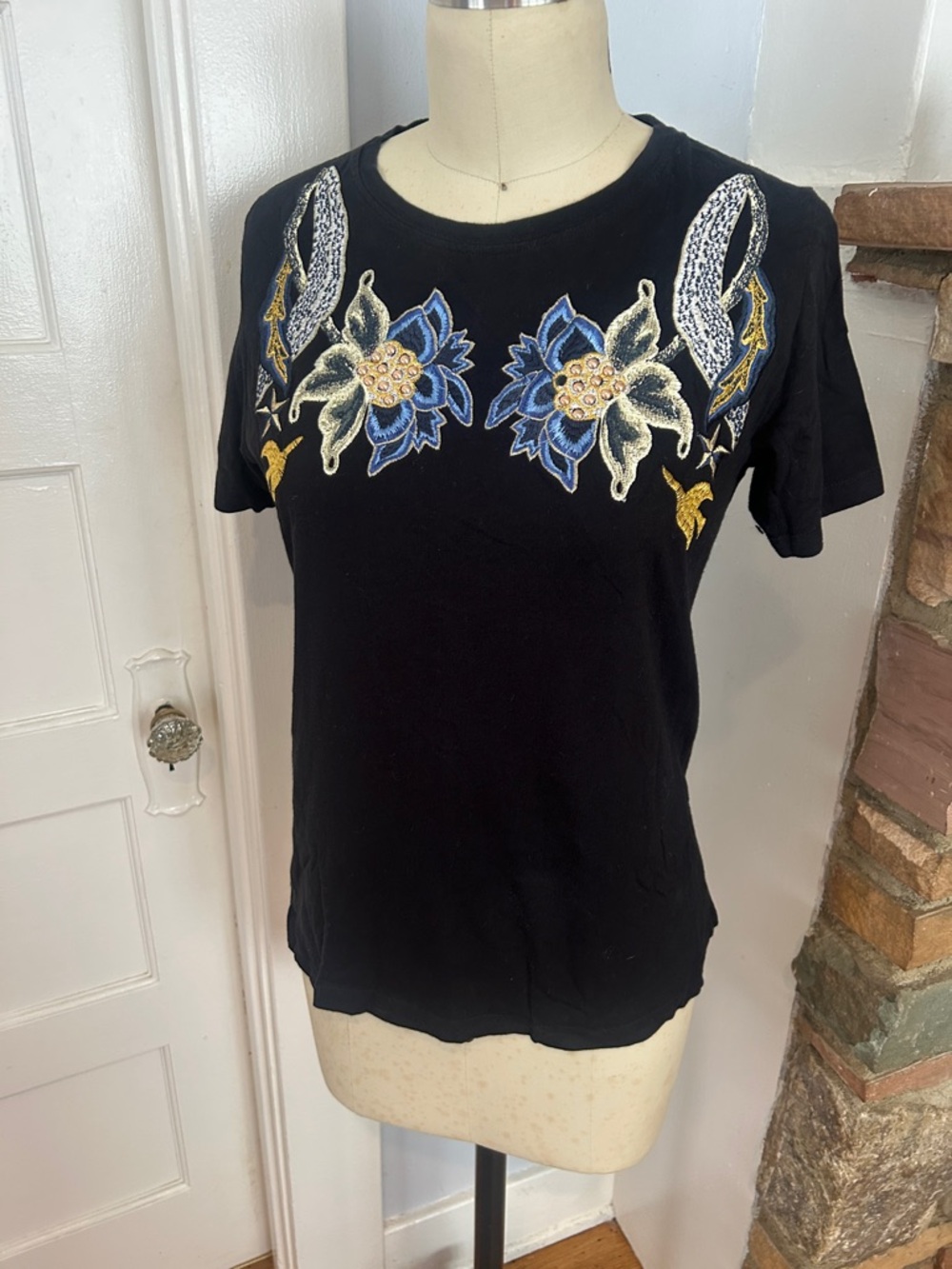 Maje Black Short Sleeve Tee with Blue and Gold Floral Embroidery